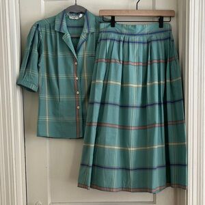 Vintage Chaus 80s Does 50s Matching Summer Skirt Set Button Down Blouse & Skirt